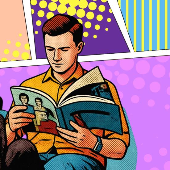 Popart-illustration af en person, der sidder og læser en tegneserie.