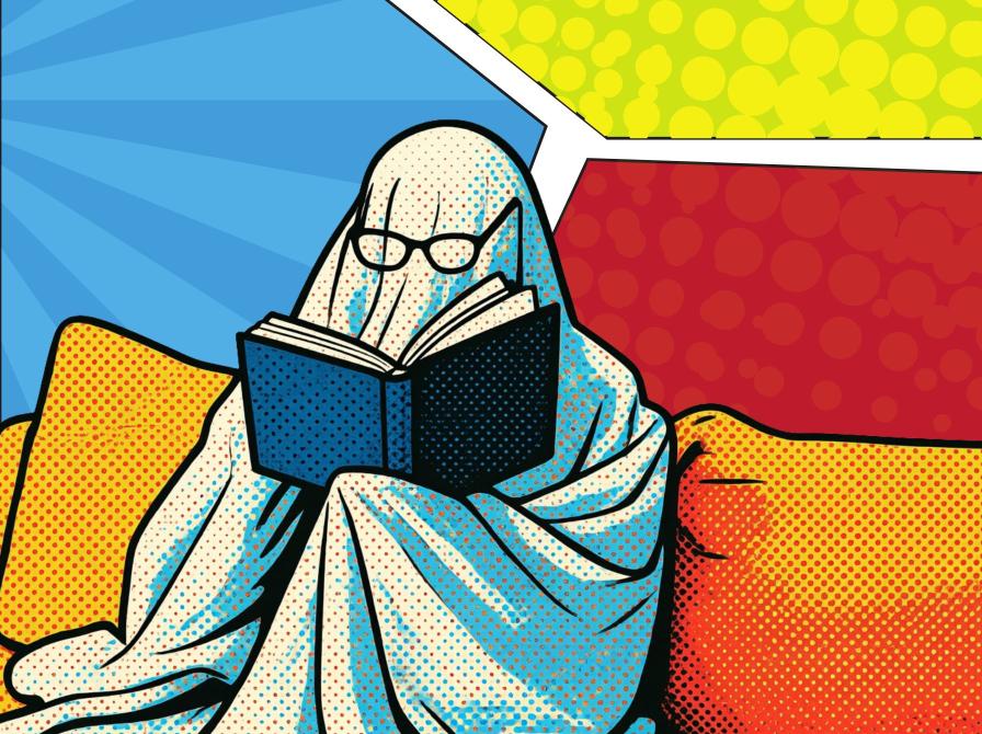 Pop art-illustration af et spøgelse med briller, der læser i en sofa.